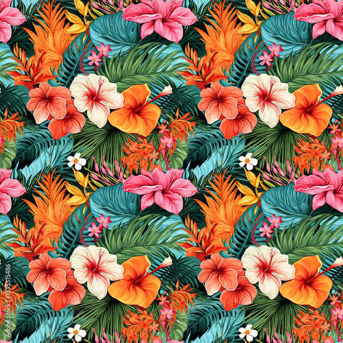 Colorful tropical floral pattern with bright flowers and lush leaves on dark background for vibrant decor