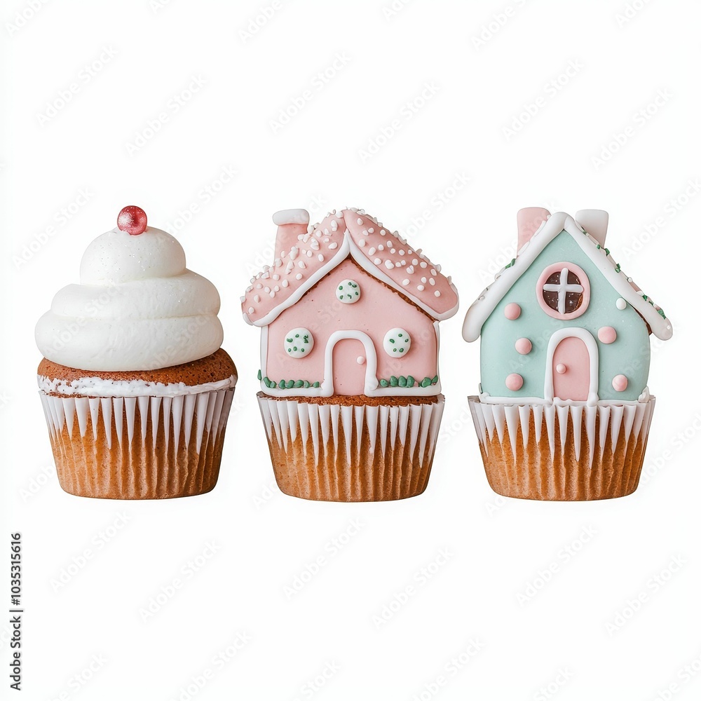 Three whimsical cupcakes feature a classic swirl, a pink gingerbread house, and a minty blue house, perfect for festive treats. Three whimsical cupcakes feature a classic swirl, a pink gingerbread house, and a minty blue house, perfect for festive treats.