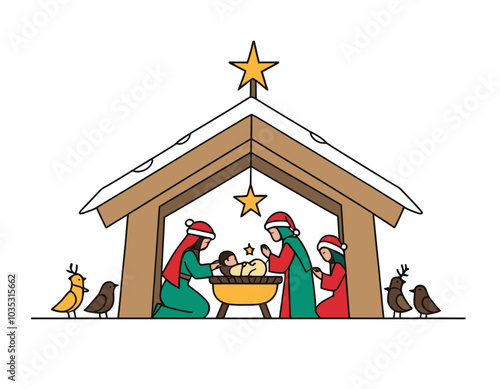 christmas nativity scene with family isolated on a white background