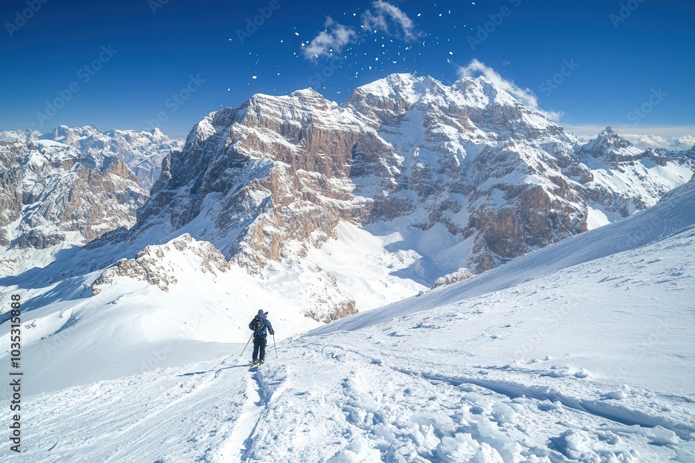 A solitary skier navigates a snowy mountain slope under clear blue skies, surrounded by breathtaking alpine peaks and untouched white terrain. A solitary skier navigates a snowy mountain slope under clear blue skies, surrounded by breathtaking alpine peaks and untouched white terrain.