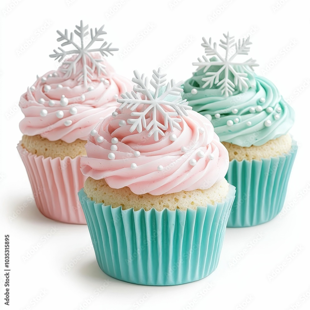 Festive cupcakes with pastel swirls and snowflake toppers, perfect for winter celebrations and holiday gatherings. Festive cupcakes with pastel swirls and snowflake toppers, perfect for winter celebrations and holiday gatherings.