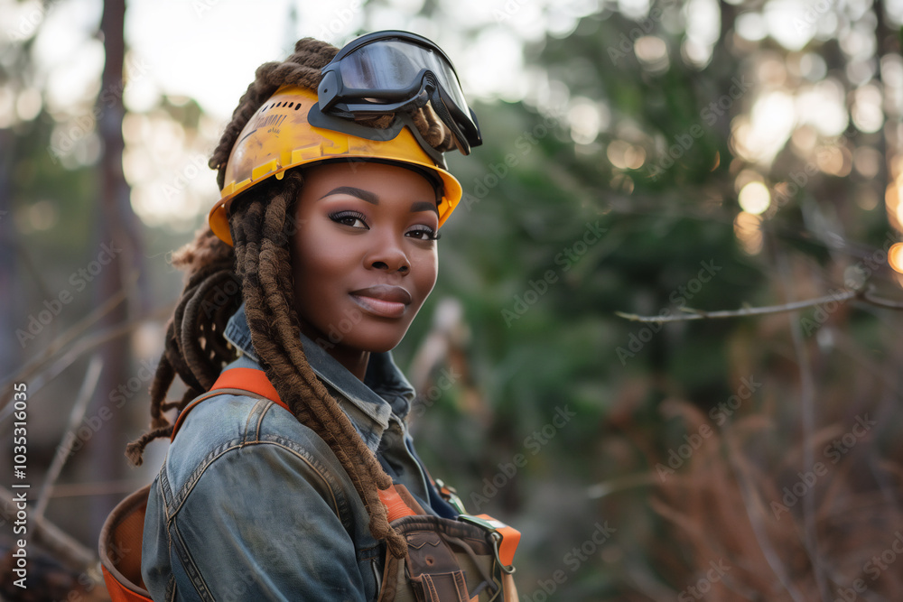 Female lumberjack in overalls handles a large piece of timber. The image captures her comfort and confidence in her work environment, highlighting the blend of strength and positivity. Female lumberjack in overalls handles a large piece of timber. The image captures her comfort and confidence in her work environment, highlighting the blend of strength and positivity.