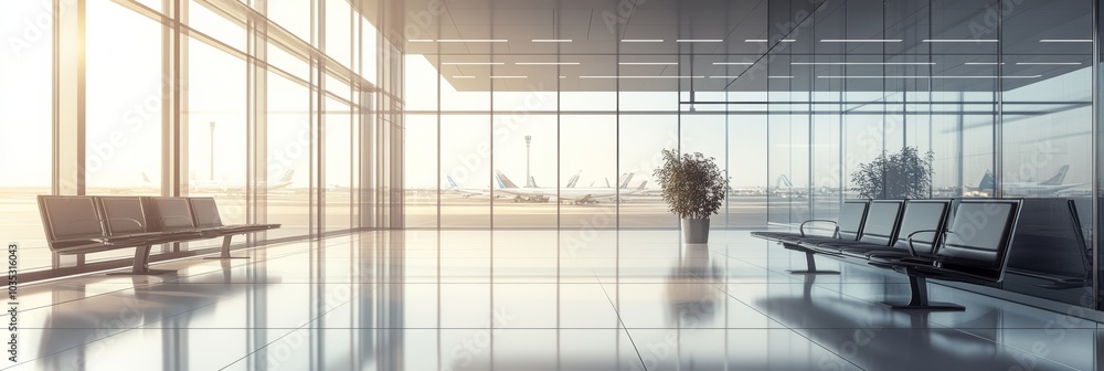 Sunlight is streaming through the windows of a large empty airport terminal waiting area with airplanes visible on the tarmac outside Sunlight is streaming through the windows of a large empty airport terminal waiting area with airplanes visible on the tarmac outside
