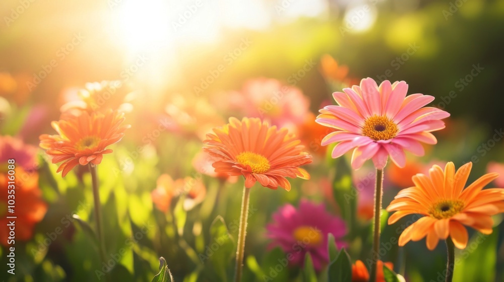 Sunlit Gerbera Daisies in a Lush Garden Sunlit Gerbera Daisies in a Lush Garden