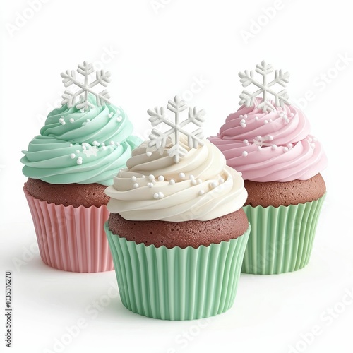 Colorful cupcakes with winter-themed snowflake toppers in pastel shades, perfect for festive occasions.