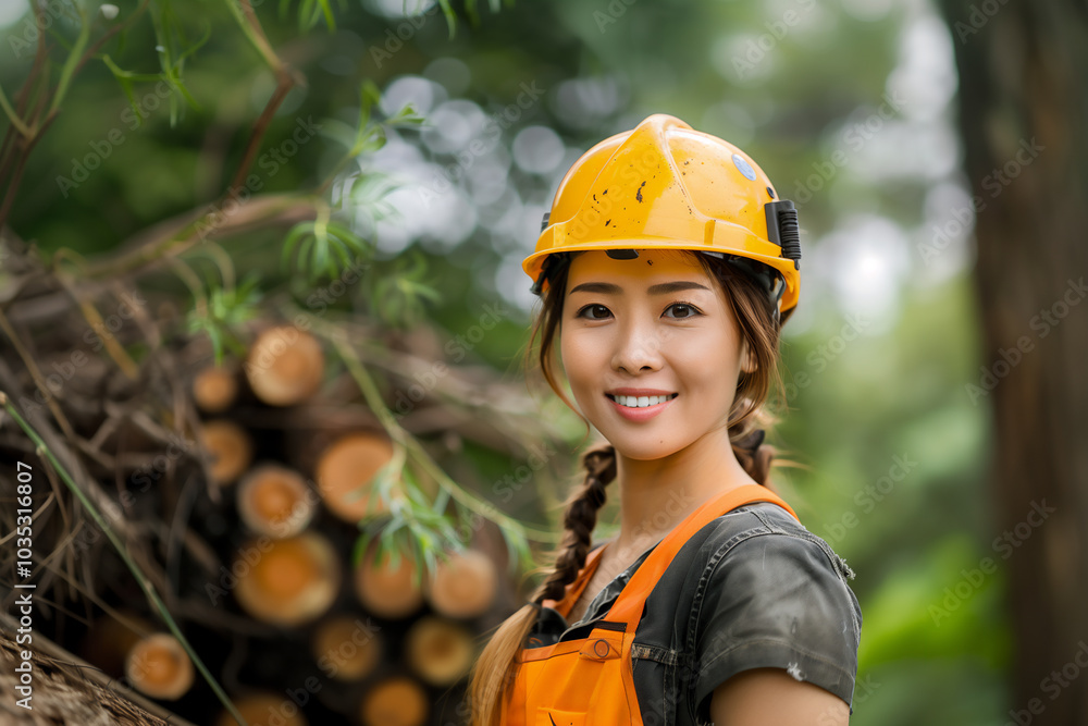 Female lumberjack in overalls handles a large piece of timber. The image captures her comfort and confidence in her work environment, highlighting the blend of strength and positivity. Female lumberjack in overalls handles a large piece of timber. The image captures her comfort and confidence in her work environment, highlighting the blend of strength and positivity.