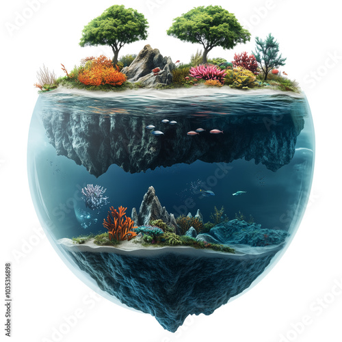 An island floating in the air with trees, plants, and fish inside it isolated on a transparent background