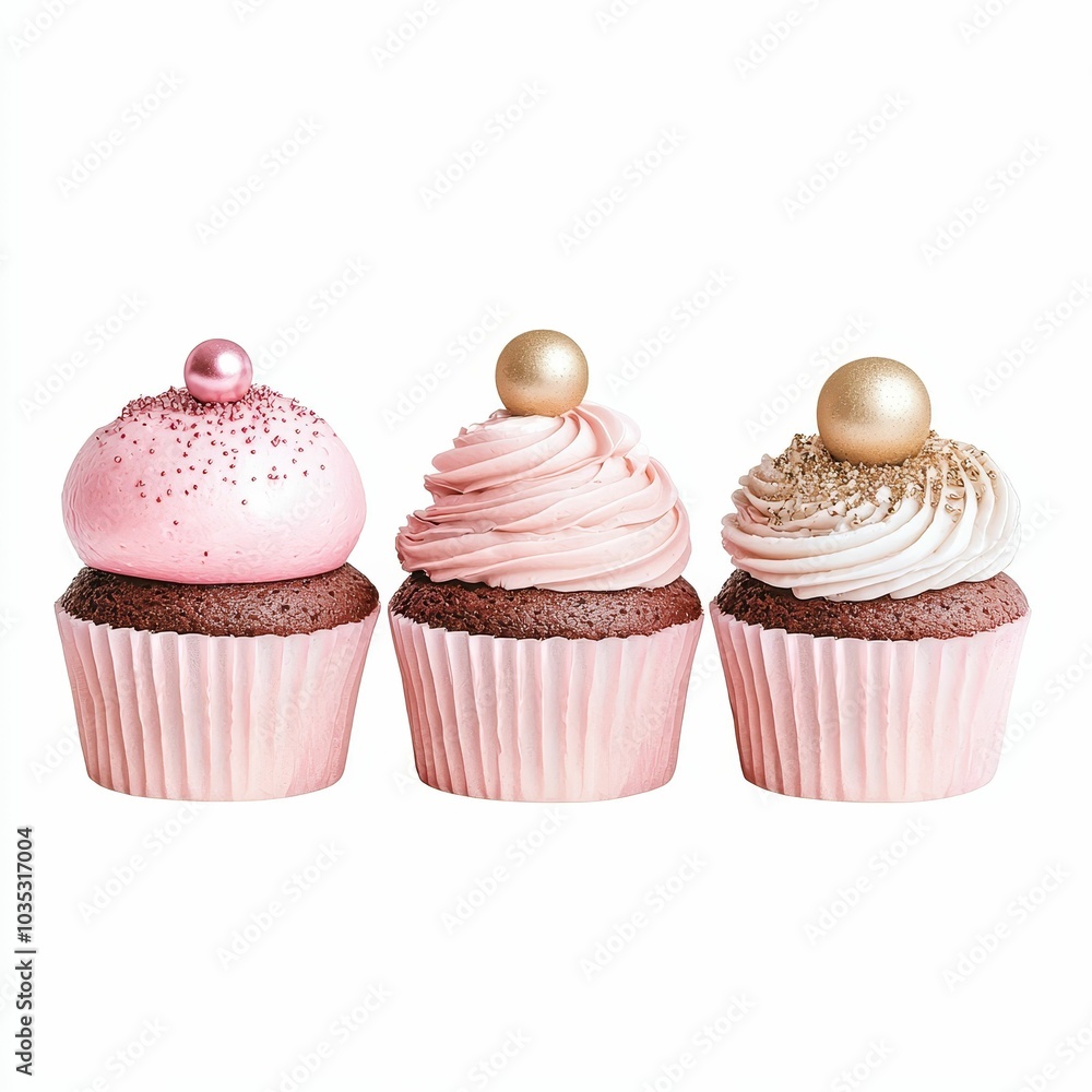 Three beautifully decorated cupcakes featuring pink frosting and decorative toppings, perfect for any celebration or dessert occasion.