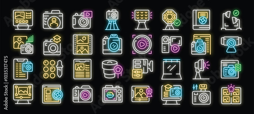 Photography industry glowing neon icons set with editing, shooting, equipment, and more visual content creation concepts