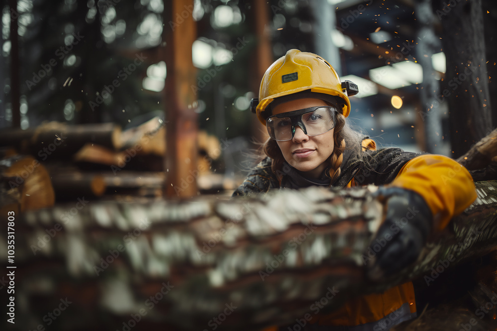 Fototapeta premium Female lumberjack in overalls handles a large piece of timber. The image captures her comfort and confidence in her work environment, highlighting the blend of strength and positivity.