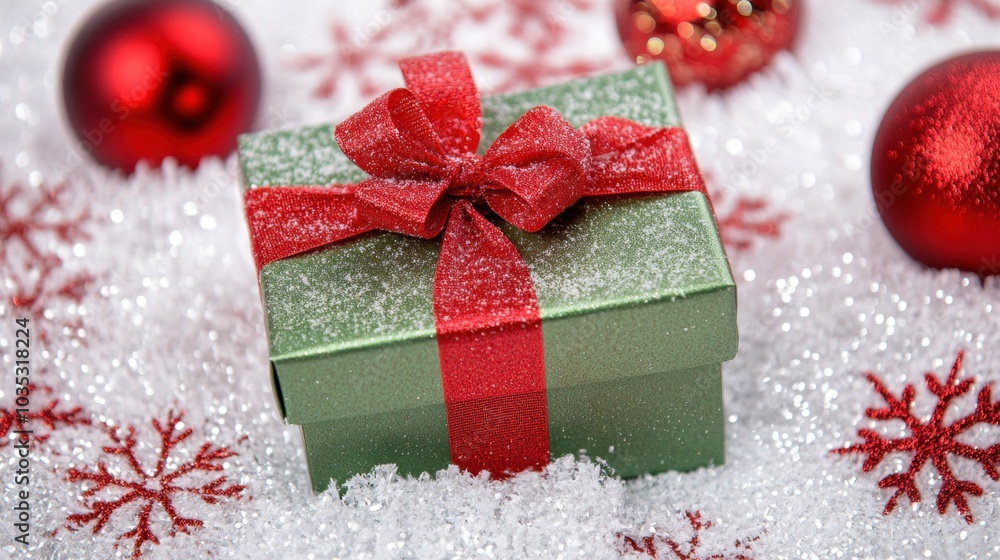 An inviting Christmas backdrop showcasing a green gift box tied with a red ribbon, surrounded by sparkling white snowflakes and cheerful red ornaments for a joyful holiday feel. An inviting Christmas backdrop showcasing a green gift box tied with a red ribbon, surrounded by sparkling white snowflakes and cheerful red ornaments for a joyful holiday feel.