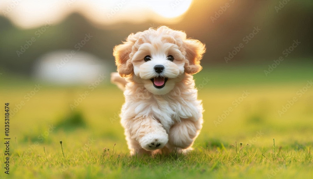 Maltipoo puppy running in grassy field