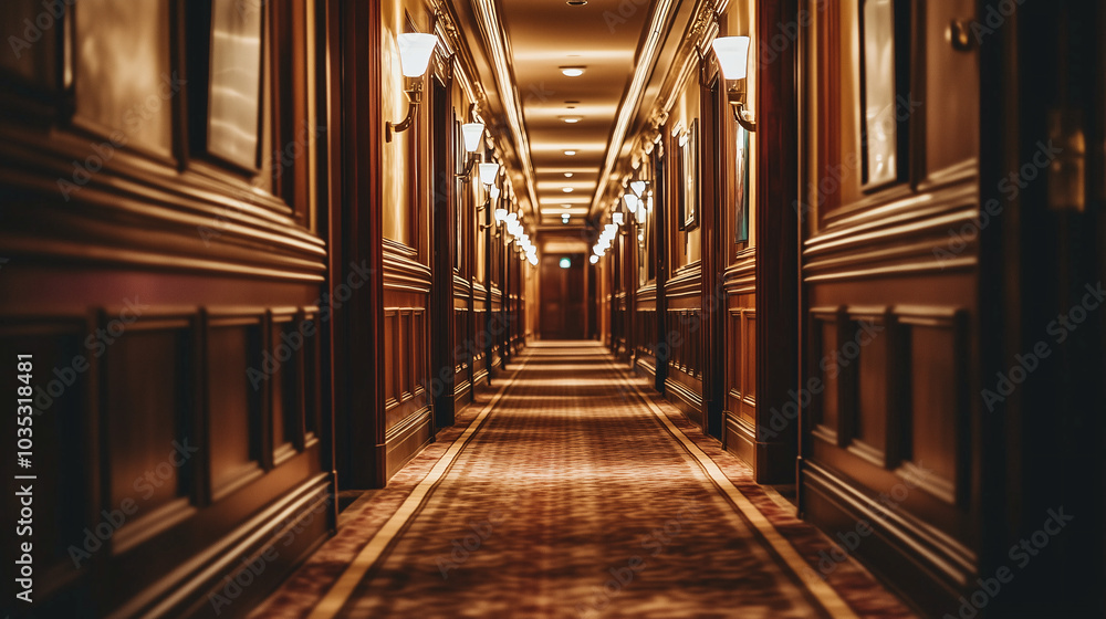 Obraz premium Empty corridor with a single art piece illuminated by soft spotlighting 