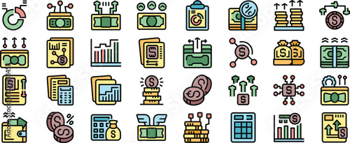 This colorful icon set illustrates various aspects of money increasing, financial growth, and wealth accumulation