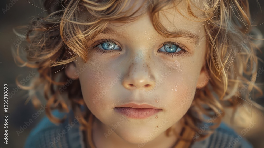 Naklejka premium Child with sharp splinter, holding hand, backyard, tear-streaked face, natural light, eye-level shot, warm tones