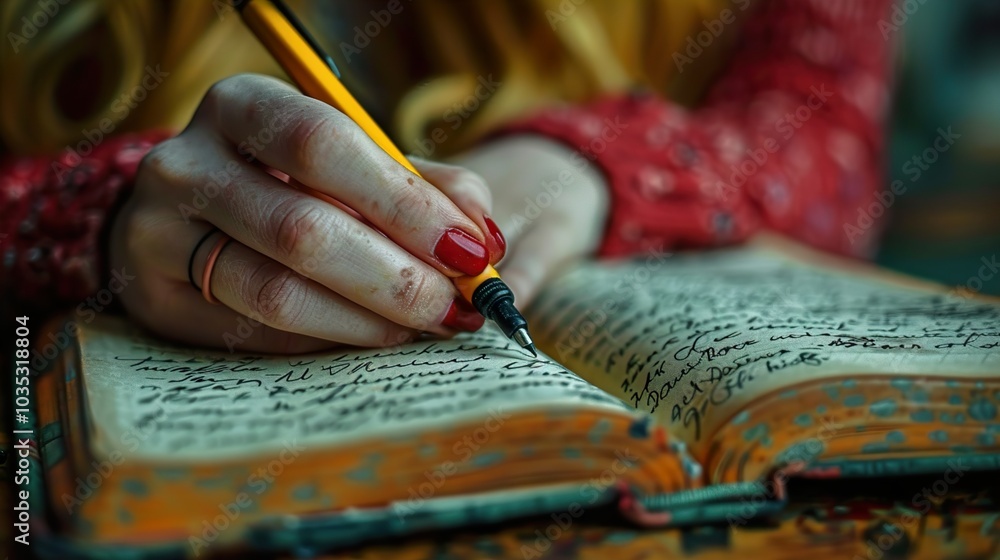 Obraz premium Hand Writing in Vintage Journal - Close-up Photography