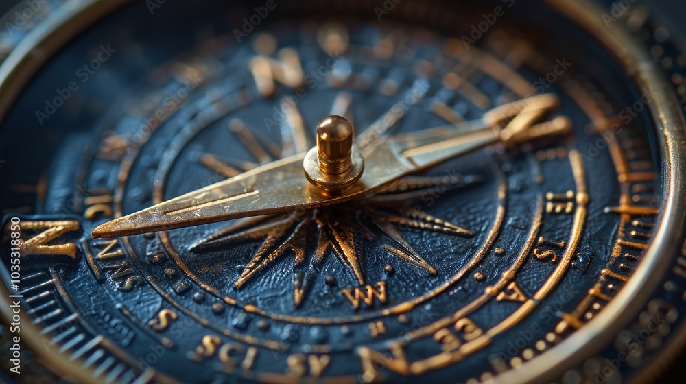 Obraz premium An antique brass compass resting on a textured surface with intricate designs, symbolizing exploration and adventure. Generative AI