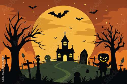 Halloween spooky castle with pumpkins illustration against orange background -  Generative AI