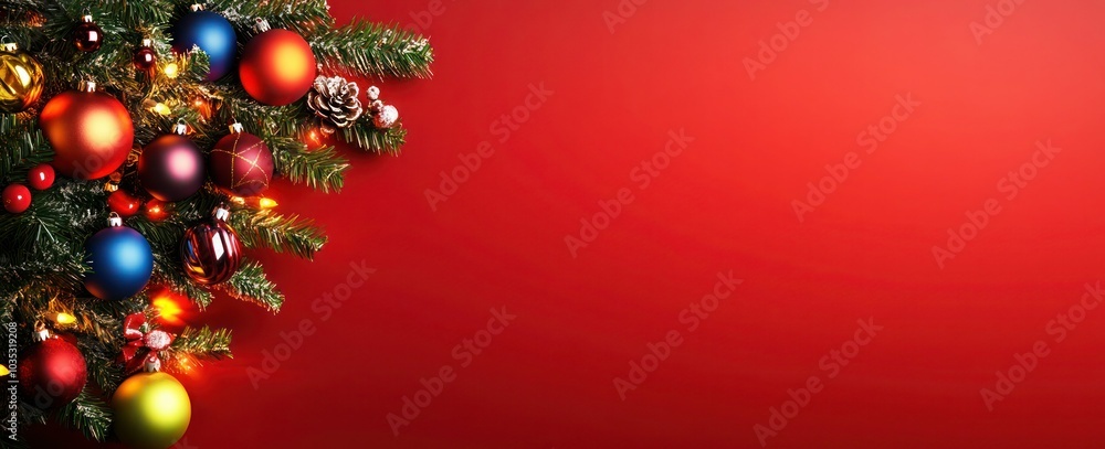 Festive Christmas Tree Banner on Red Background for Holiday Celebrations and New Year's Festivities Festive Christmas Tree Banner on Red Background for Holiday Celebrations and New Year's Festivities