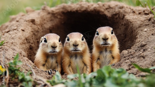 Cute black-tailed prairie dog family with adorable babies peeking out of their burrow in the ground. photo