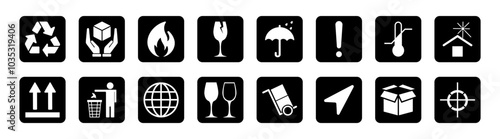 Handling and packing icon set including fragile, recycle and caution signs. Delivery shipping labels flat style.