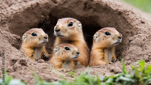 Cute black-tailed prairie dog family with adorable babies peeking out of their burrow in the ground. photo