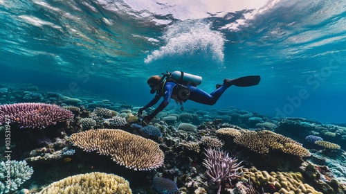Fototapeta Naklejka Na Ścianę i Meble -  A comprehensive shot of a marine biologist in a wetsuit, conducting research on a coral reef with vibrant marine life around, Underwater research scene