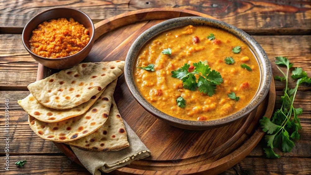 Indian spicy red lentil soup and roti chapati with sliced green coriander on a brown wooden table silhouette Indian spicy red lentil soup and roti chapati with sliced green coriander on a brown wooden table silhouette