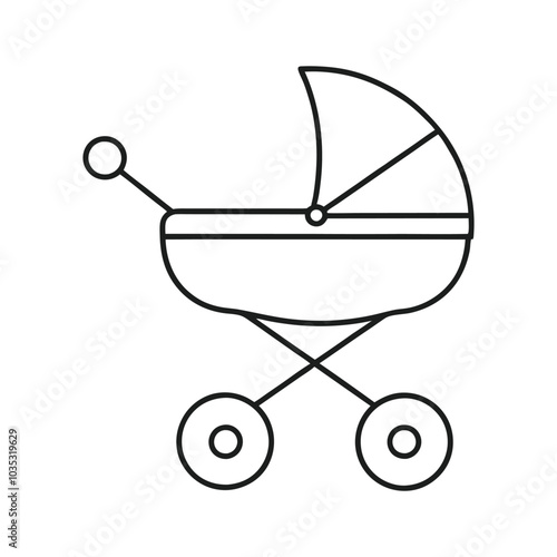 Minimalist Baby Stroller Line Art Icon for Parenting and Baby Product Logos.