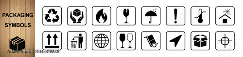 Handling and packing icon set including fragile, recycle and caution signs. Delivery shipping labels flat style.