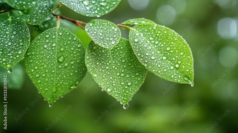 Dew-Covered Green Leaves After Rain Dew-Covered Green Leaves After Rain