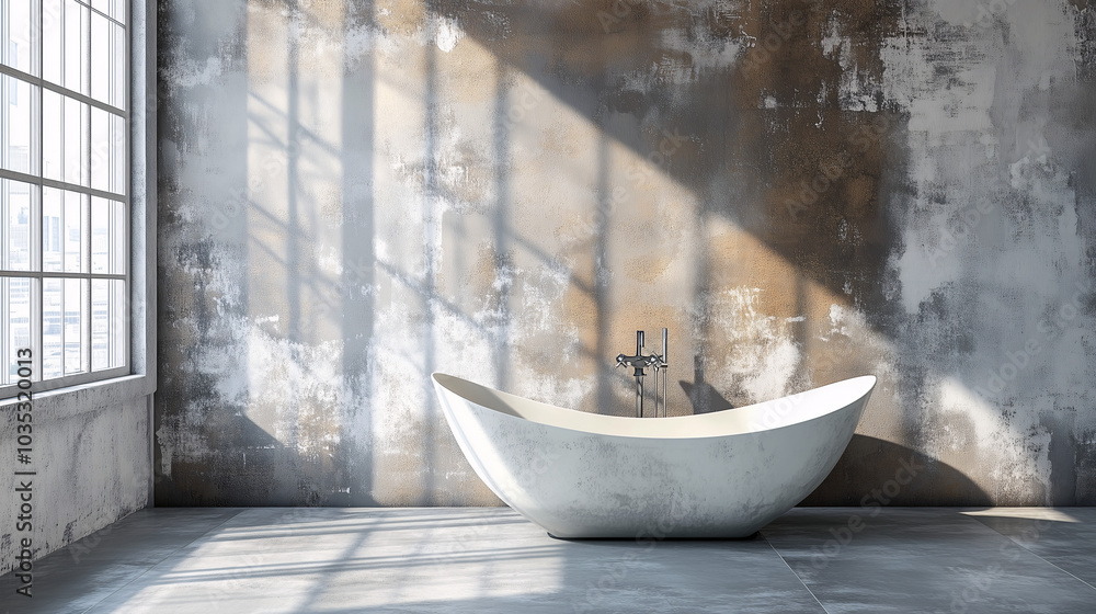 Minimalist bathroom with a freestanding tub placed next to a large window Minimalist bathroom with a freestanding tub placed next to a large window