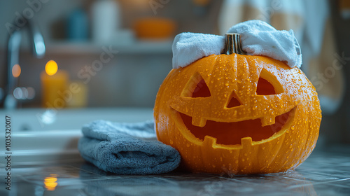 Halloween pumpkin getting ready for the party by dressing up in the bathroom, towel on head, Halloween party, Jack O'lantern photo