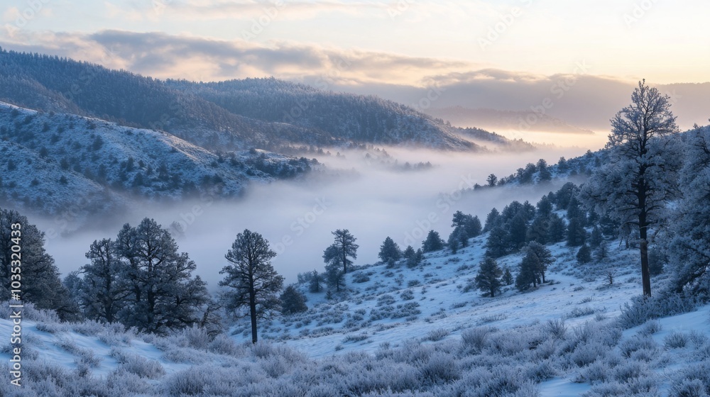 A tranquil winter scene unfolds as fog gently hugs the snow-covered hills, enveloping the landscape in a soft glow at dawn. A tranquil winter scene unfolds as fog gently hugs the snow-covered hills, enveloping the landscape in a soft glow at dawn.