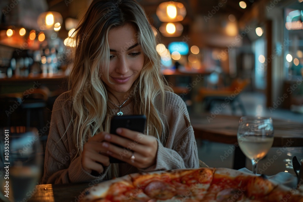 A woman with long hair sits at a wooden table, focused on her phone. In front of her is a large pizza topped with fresh ingredients, surrounded by a warm and inviting restaurant ambiance A woman with long hair sits at a wooden table, focused on her phone. In front of her is a large pizza topped with fresh ingredients, surrounded by a warm and inviting restaurant ambiance