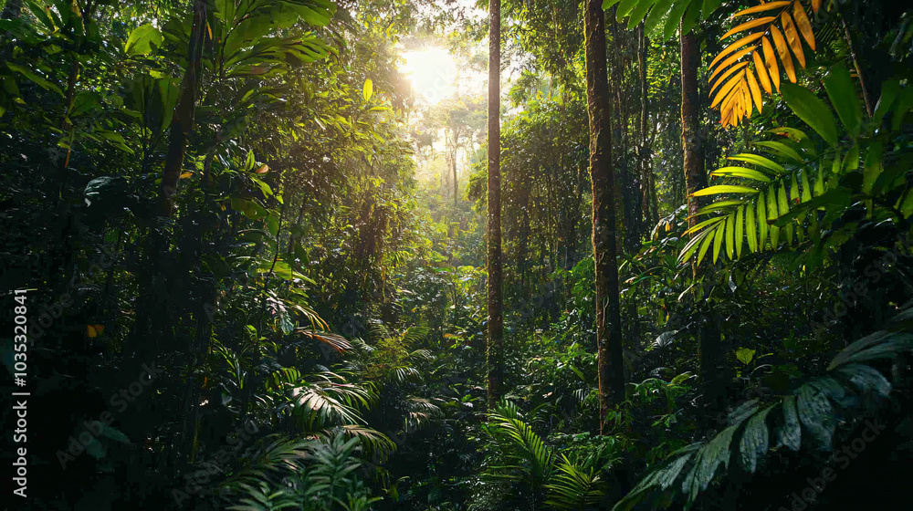 A dense jungle filled with tall, exotic trees and vibrant foliage, showcasing nature’s diversity. A dense jungle filled with tall, exotic trees and vibrant foliage, showcasing nature’s diversity.