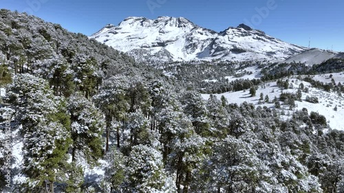 The breathtaking sight of Iztaccihuatl volcano in Mexico, fully covered in snow. This aerial footage highlights the majestic volcano's transformation after a heavy storm photo