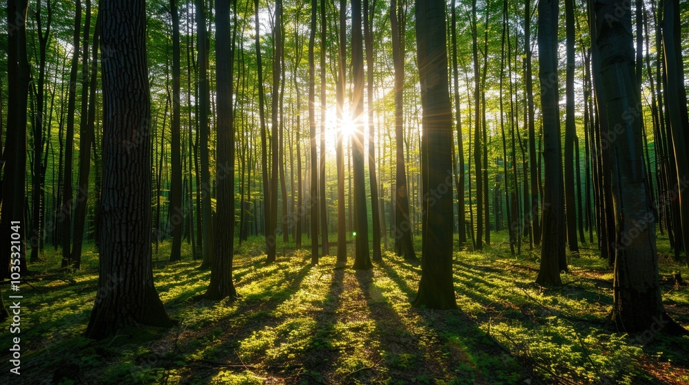 Sunlit Canopy Shadows, vibrant sunlight pierces through a dense forest, illuminating the ground below while creating striking contrasts between light and shadow. Sunlit Canopy Shadows, vibrant sunlight pierces through a dense forest, illuminating the ground below while creating striking contrasts between light and shadow.