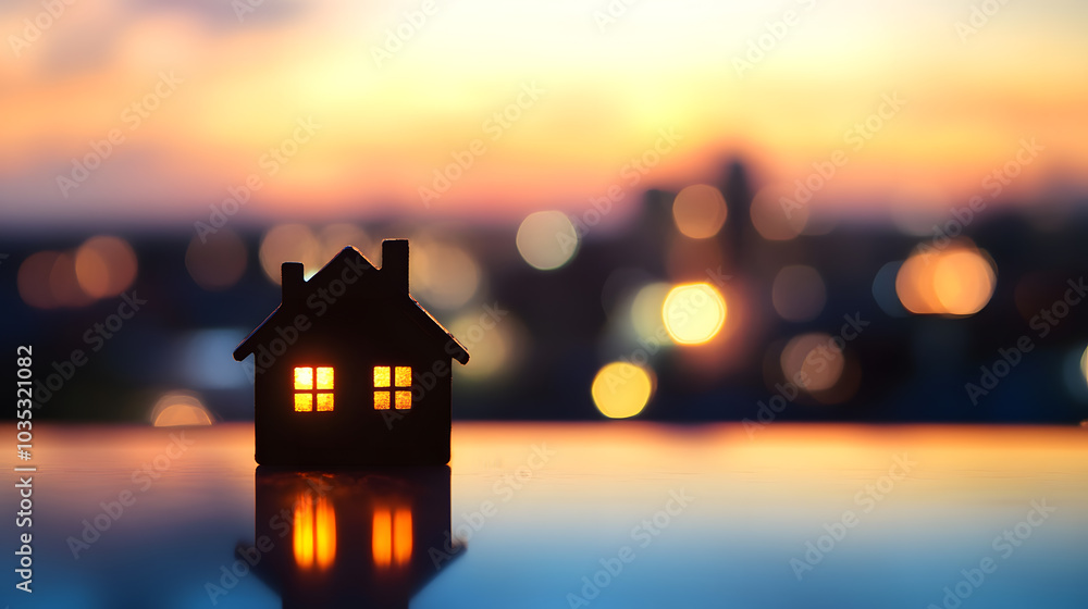 Golden hour silhouette of house with city bokeh, reflecting calm sunset light on surface Golden hour silhouette of house with city bokeh, reflecting calm sunset light on surface