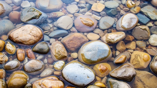 Gentle River Flow, serene water cascades over polished stones, creating a tranquil atmosphere, the soothing sound of water enhances relaxation and peace. photo