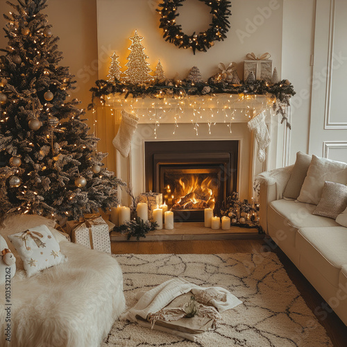 Spacious living room with a sofa, coffee table, and a Christmas tree. photo