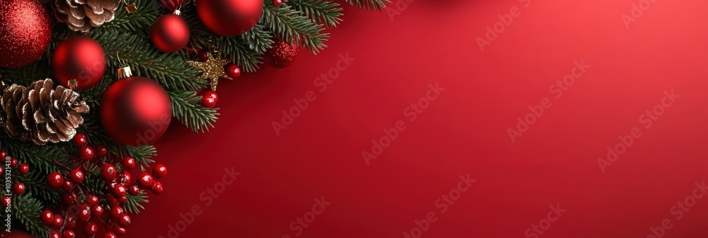 Christmas Ornaments on Red Background with Pine Cones Christmas Ornaments on Red Background with Pine Cones