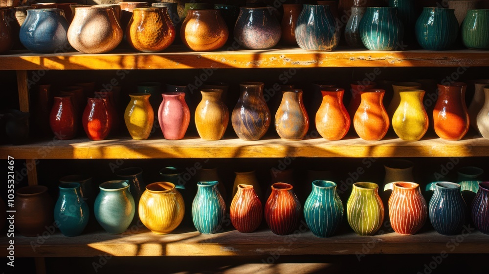 Colorful Pottery Vases on Wooden Shelves in a Workshop Colorful Pottery Vases on Wooden Shelves in a Workshop