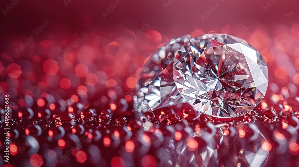 Sparkling diamonds resting on a vibrant red surface adorned with glistening dew drops at sunset. Generative AI Sparkling diamonds resting on a vibrant red surface adorned with glistening dew drops at sunset. Generative AI