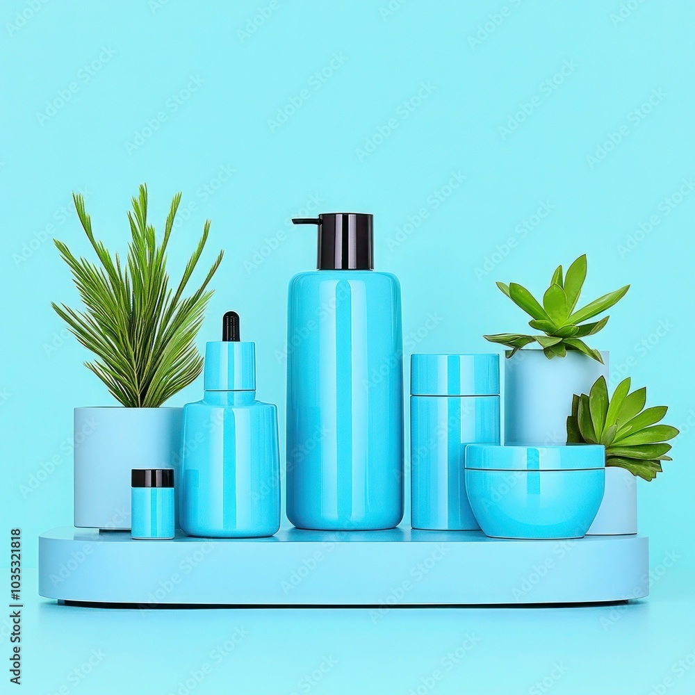 Assorted Cosmetic Bottles Arranged on Blue Background for Beauty and Skincare Products - Stock Photo Assorted Cosmetic Bottles Arranged on Blue Background for Beauty and Skincare Products - Stock Photo