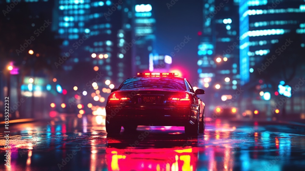 A police car with flashing lights in the city at night, set against a backdrop of skyscrapers. A police car with flashing lights in the city at night, set against a backdrop of skyscrapers.