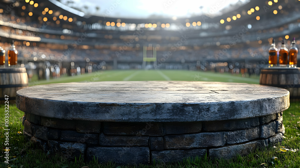 Stadium Brick Platform with Grass and a Blurry Background of a Football Field Stadium Brick Platform with Grass and a Blurry Background of a Football Field