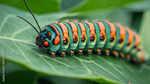 Close up a caterpillar moving on a leaf. Macro worm the caterpillars eating leaves. Generative AI