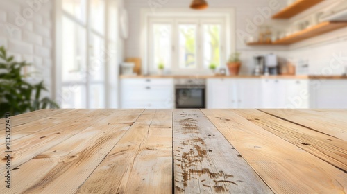 Rustic Wooden Table in Bright Open Kitchen, a cozy and warm atmosphere featuring a handcrafted table surrounded by a softly blurred backdrop of an inviting culinary space