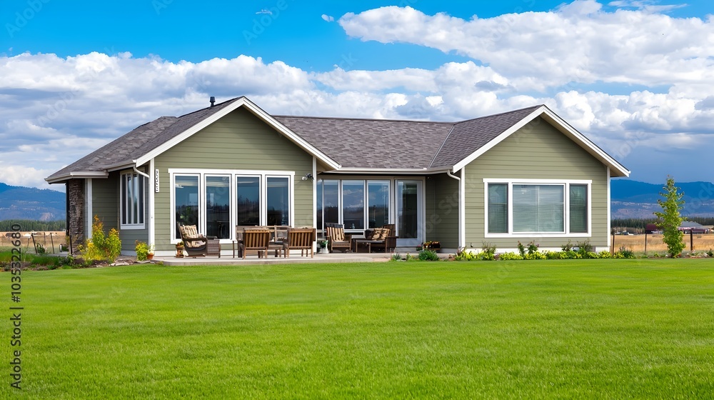A serene and welcoming suburban home with a lush green yard and an inviting outdoor seating arrangement offering a tranquil retreat from the hustle and bustle of everyday life A serene and welcoming suburban home with a lush green yard and an inviting outdoor seating arrangement offering a tranquil retreat from the hustle and bustle of everyday life